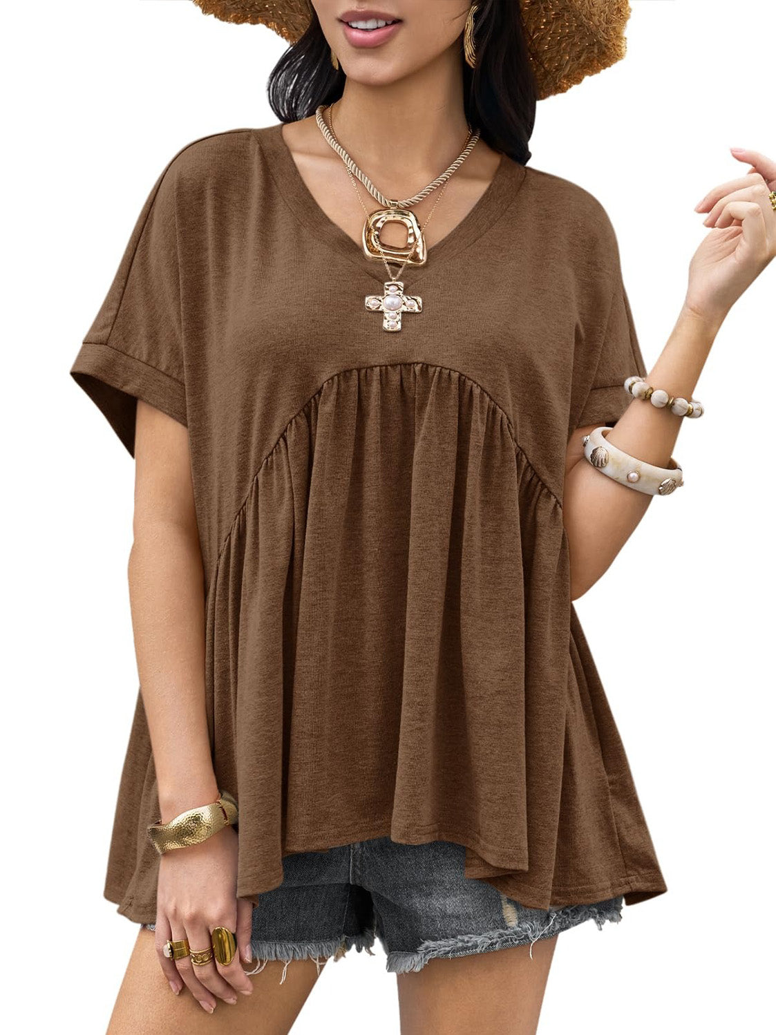 Women's V-Neck Pleated Swing Peplum Babydoll T-Shirt
