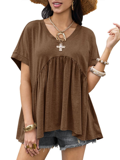 Women's V-Neck Pleated Swing Peplum Babydoll T-Shirt