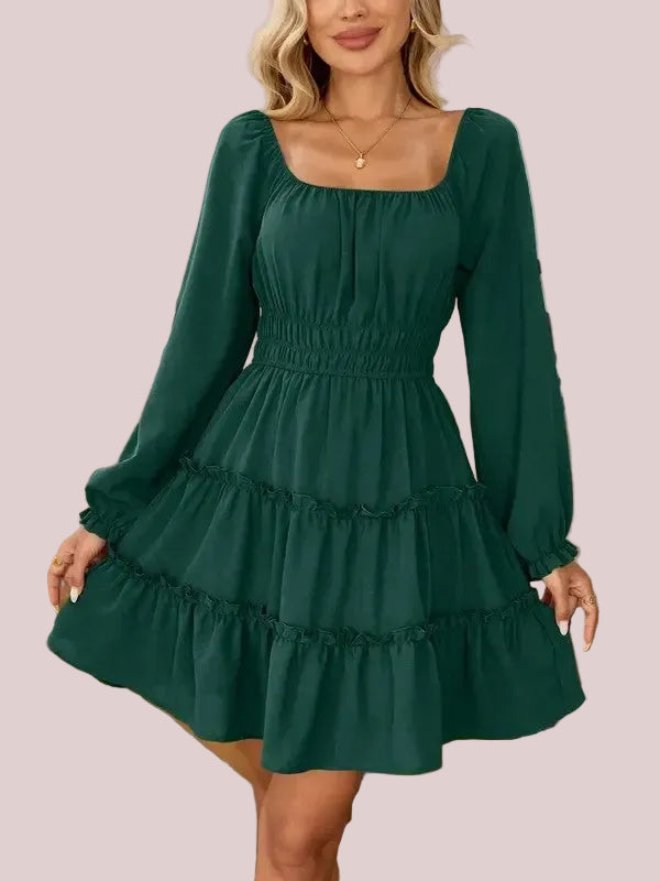 Women's Square Neck Boho Mini Dress with Pockets