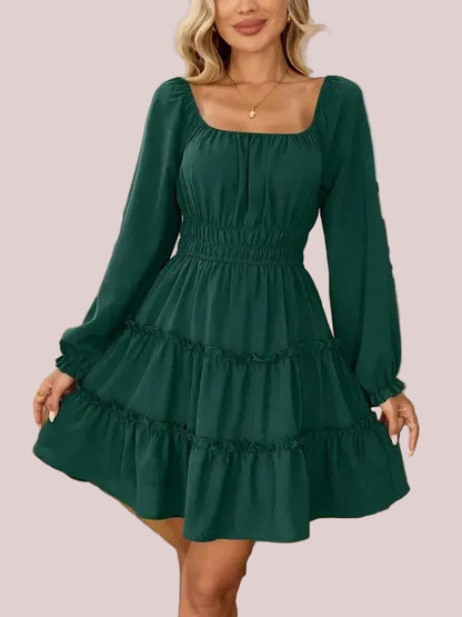 Women's Square Neck Boho Mini Dress with Pockets