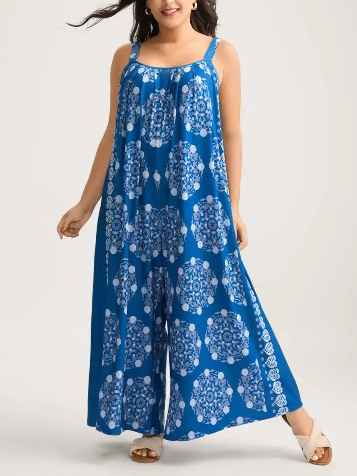 Adjustable Strap Boho Wide Leg Jumpsuit with Pockets