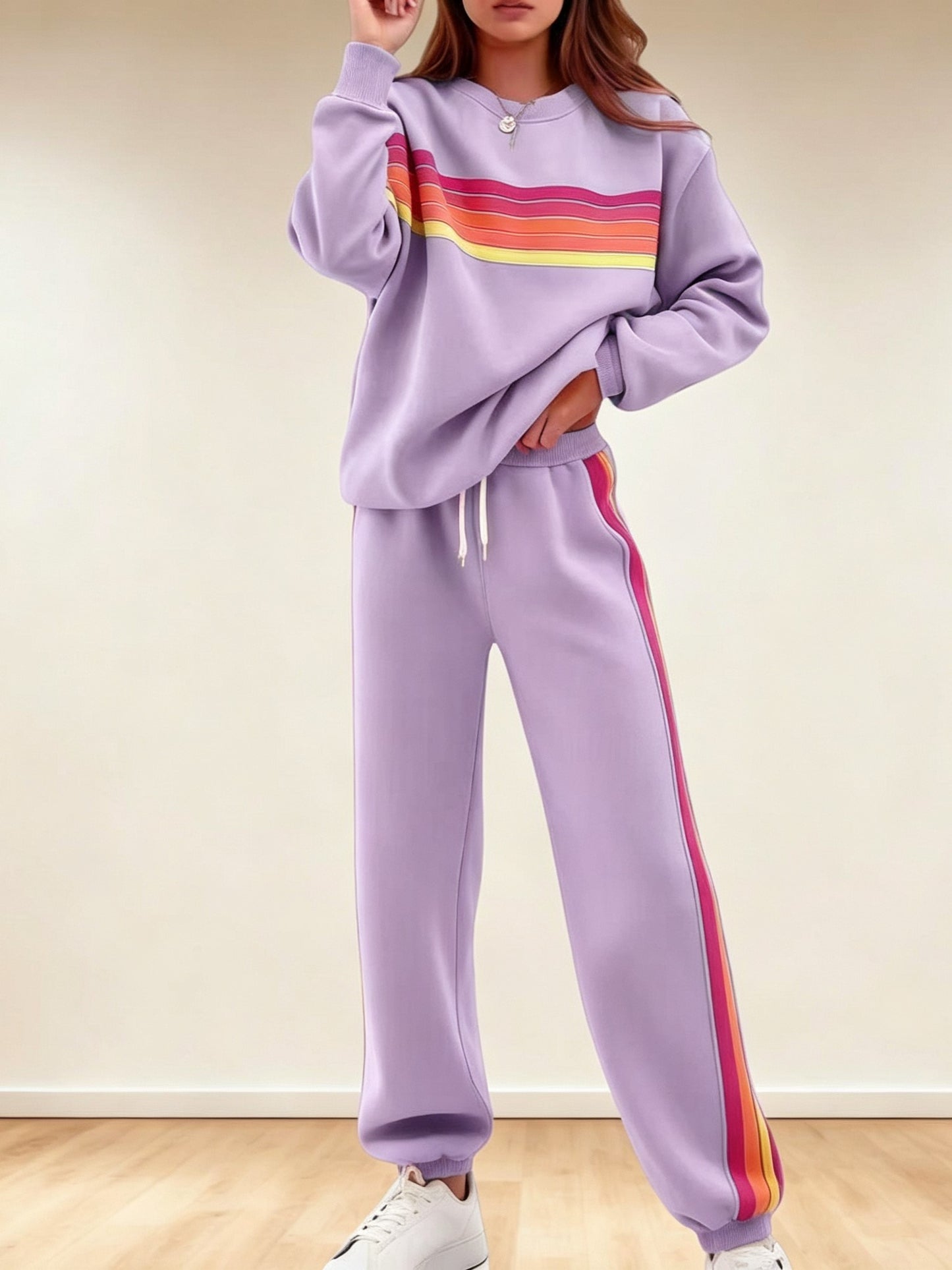 Women's Retro Striped Long Sleeve Sweat Top & Jogger Pants Two‑Piece Set