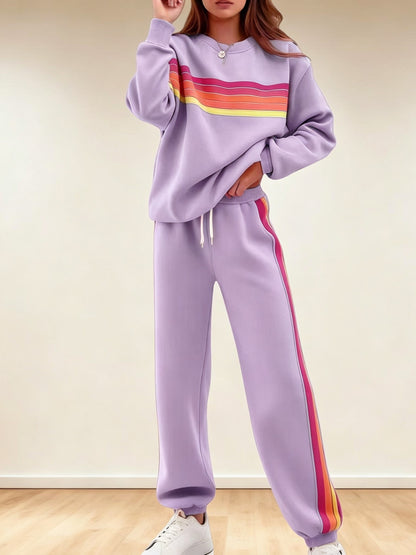 Women's Retro Striped Long Sleeve Sweat Top & Jogger Pants Two‑Piece Set