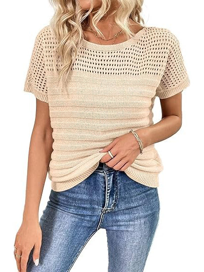 Women's Crew Neck Hollow Out Knit Tops