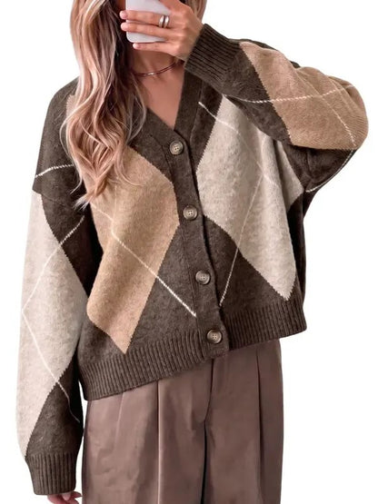 Women's Argyle Color Block V Neck Cardigan