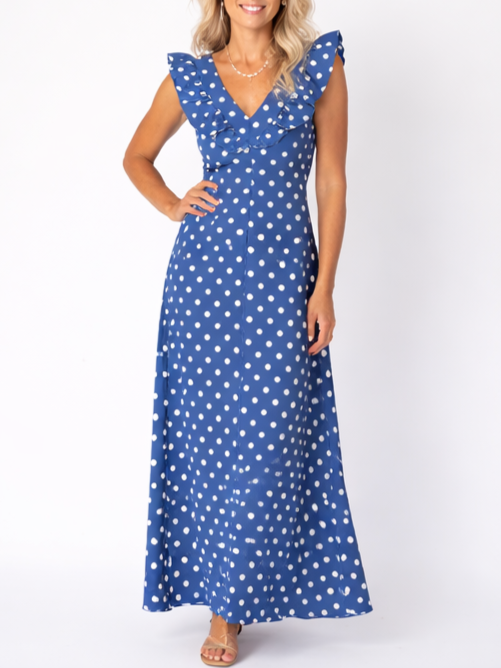 Women's Flutter Sleeve V-Neck Polka Dot Maxi Dress