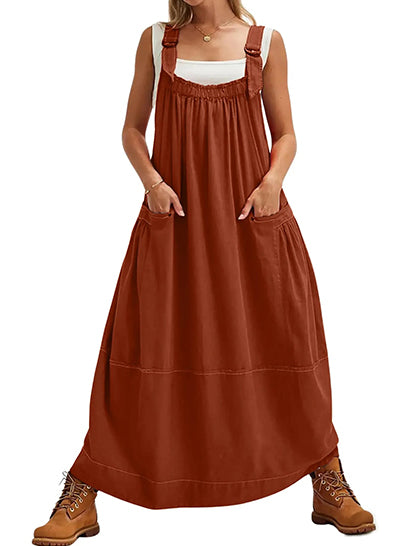 Adjustable Strap Barrel Overall Dress with Pockets