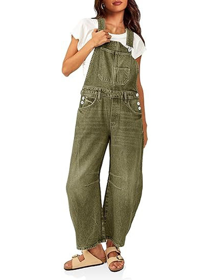 Women's Barrel Leg Denim Overalls with Pockets