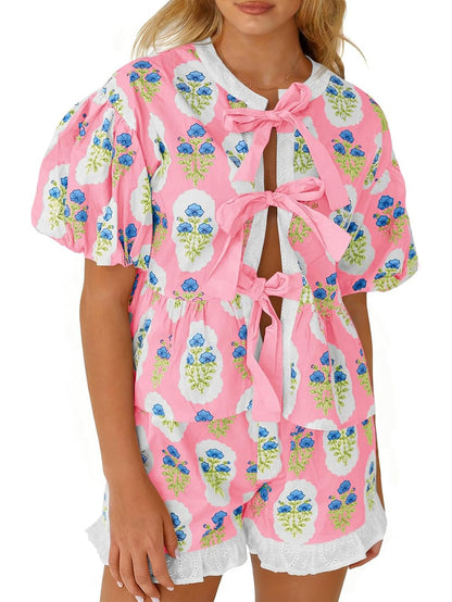 Women's Floral Print Bow Tie Summer Set