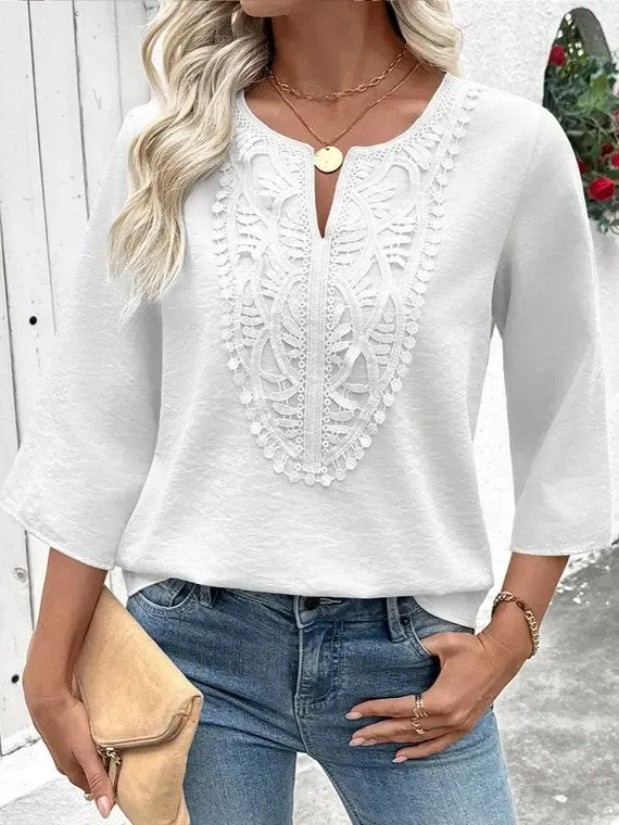 Women's Split V Neck Roll Sleeve Casual Boho Blouse