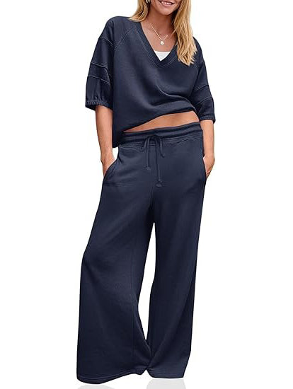 Women's 2 Piece Casual V-Neck Wide Leg Outfit