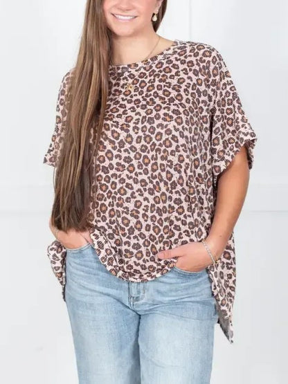 Women's Leopard Ruffle Loose Short Sleeve Top