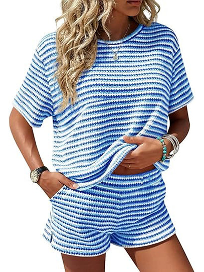Women's Knit Striped 2 Piece Short Set
