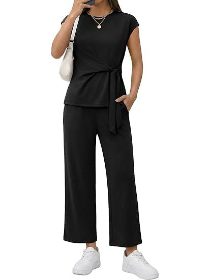 Women's Casual Cap Sleeve Wrap Waist Matching Set