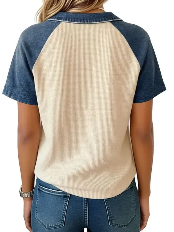 Denim Patchwork Textured Colorblock Polo Collar Tee