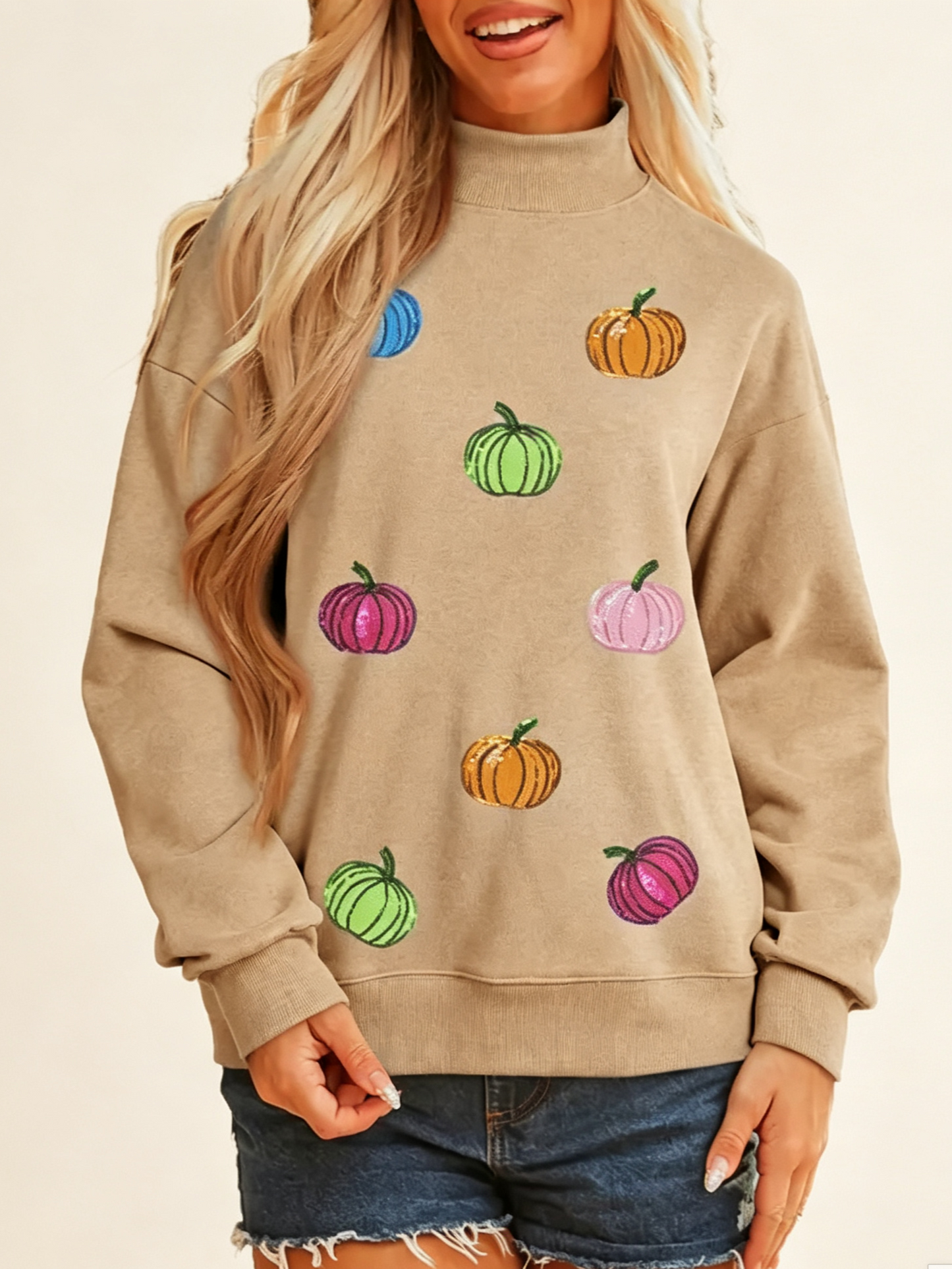 Women's Sequin Pumpkin Mock Neck Fall Sweatshirt