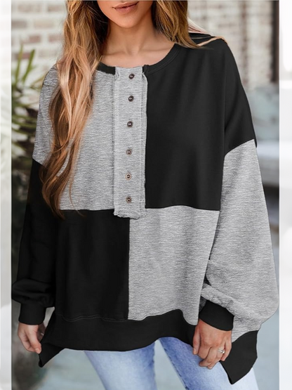 Women's Oversized Button‑Down Patchwork Pullover