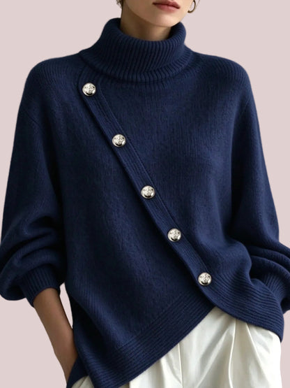 Women's Minimalist Asymmetric Button Turtleneck Sweater