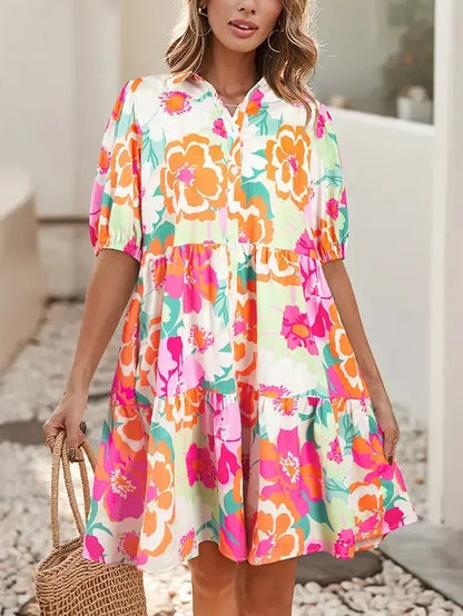 Women's Summer Boho Floral Puff Sleeve Dress
