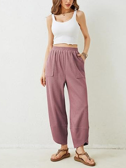 Women's Elastic Waist Wide Leg Harem Pants with Pockets