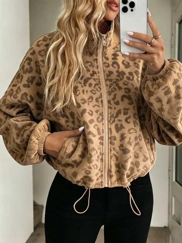 Women Leopard Print Corduroy Cropped Jacket