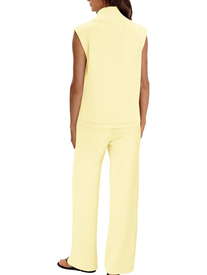 Women's Sleeveless Half Zip Top & Wide Leg Pants Set
