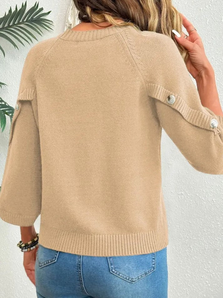 Women’s Crew Neck Raglan Sleeve Button Detail Knit Pullover