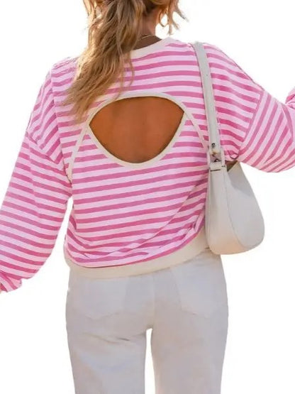 Women's Fall Striped Back Cutout Oversized Sweatshirt