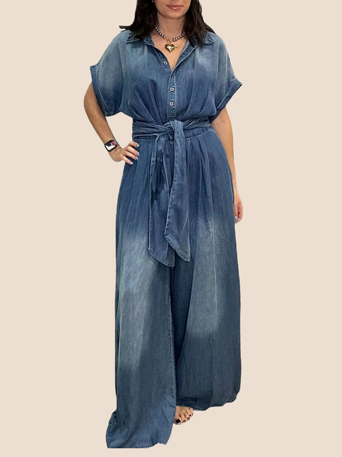 Women's Tie-Waist Wide-Leg Denim Jumpsuit