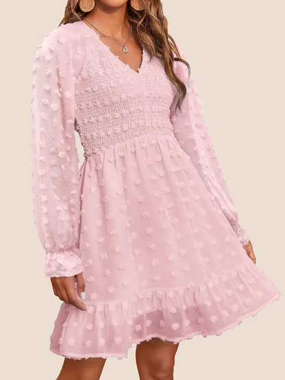 Women's Spring V Neck Swiss Dot Chiffon Mini Dress