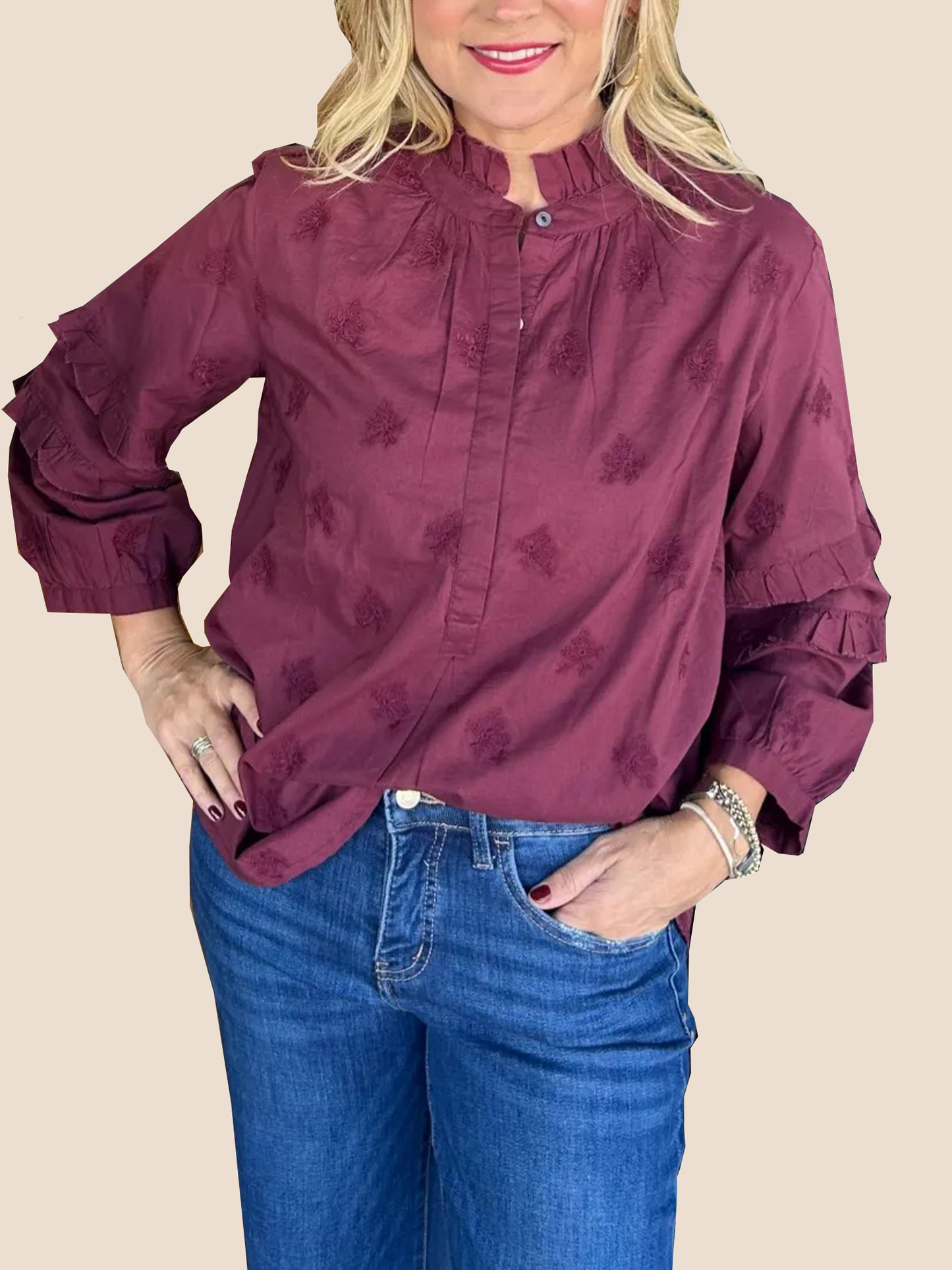 Women's Strawberry Print Ruffle Sleeve Shirt