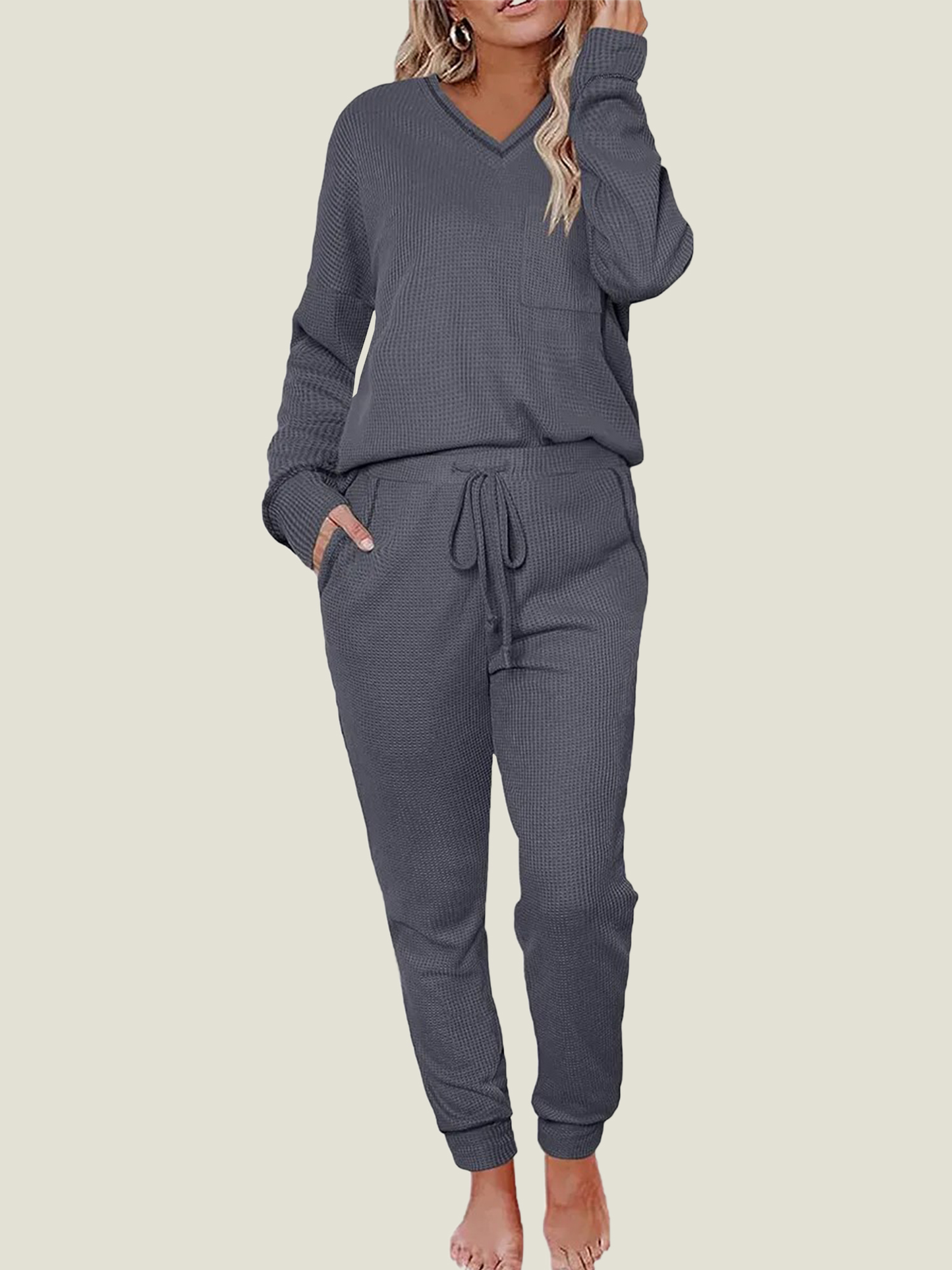 Women's V Neck Waffle Knit Two Piece Lounge Sets