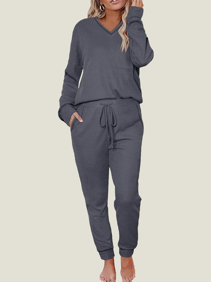 Women's V Neck Waffle Knit Two Piece Lounge Sets