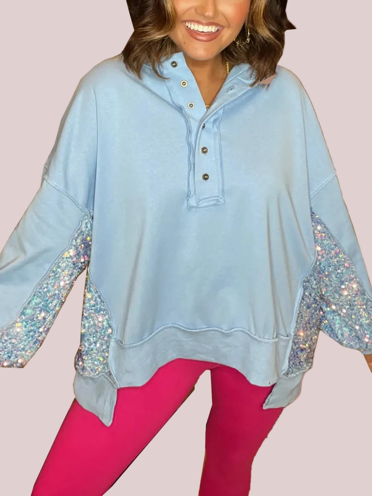 Women's Sequin Colorblock Henley Sweatshirt – Pinklaura™