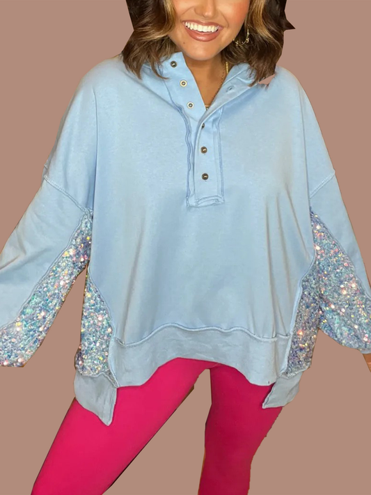 Women's Sequin Colorblock Henley Sweatshirt
