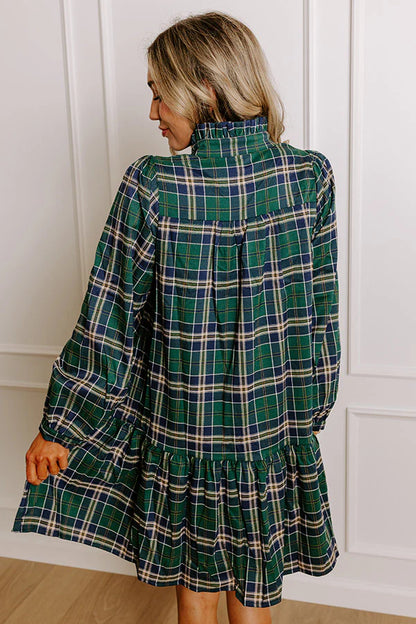 Women's Plaid Print Frilly Collar Long Sleeve Mini Dress