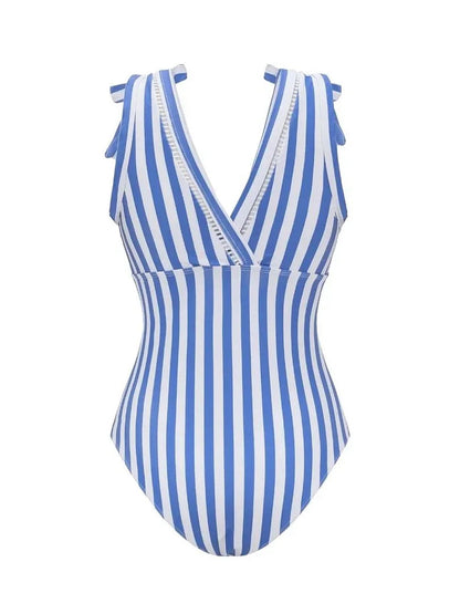 Bowknot Striped Print One Piece Swimsuit and Skirt