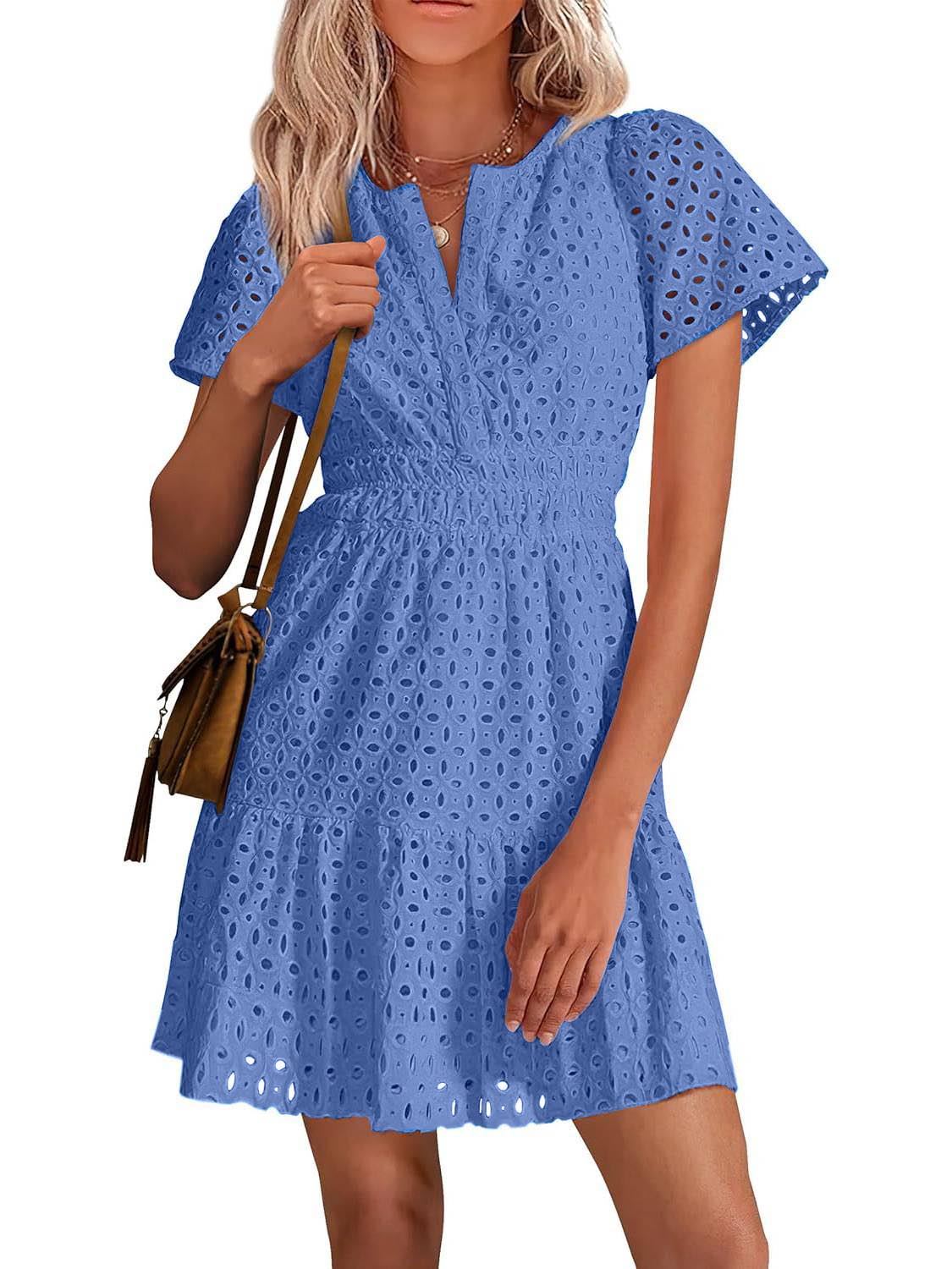 Women's V Neck Short Sleeve A Line Hollow Out Lace Dress