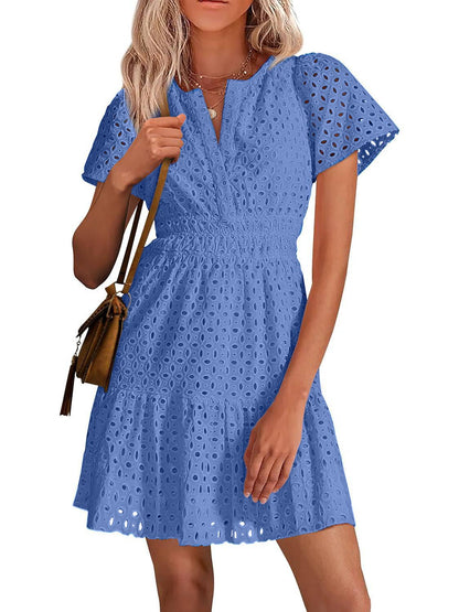 Women's V Neck Short Sleeve A Line Hollow Out Lace Dress