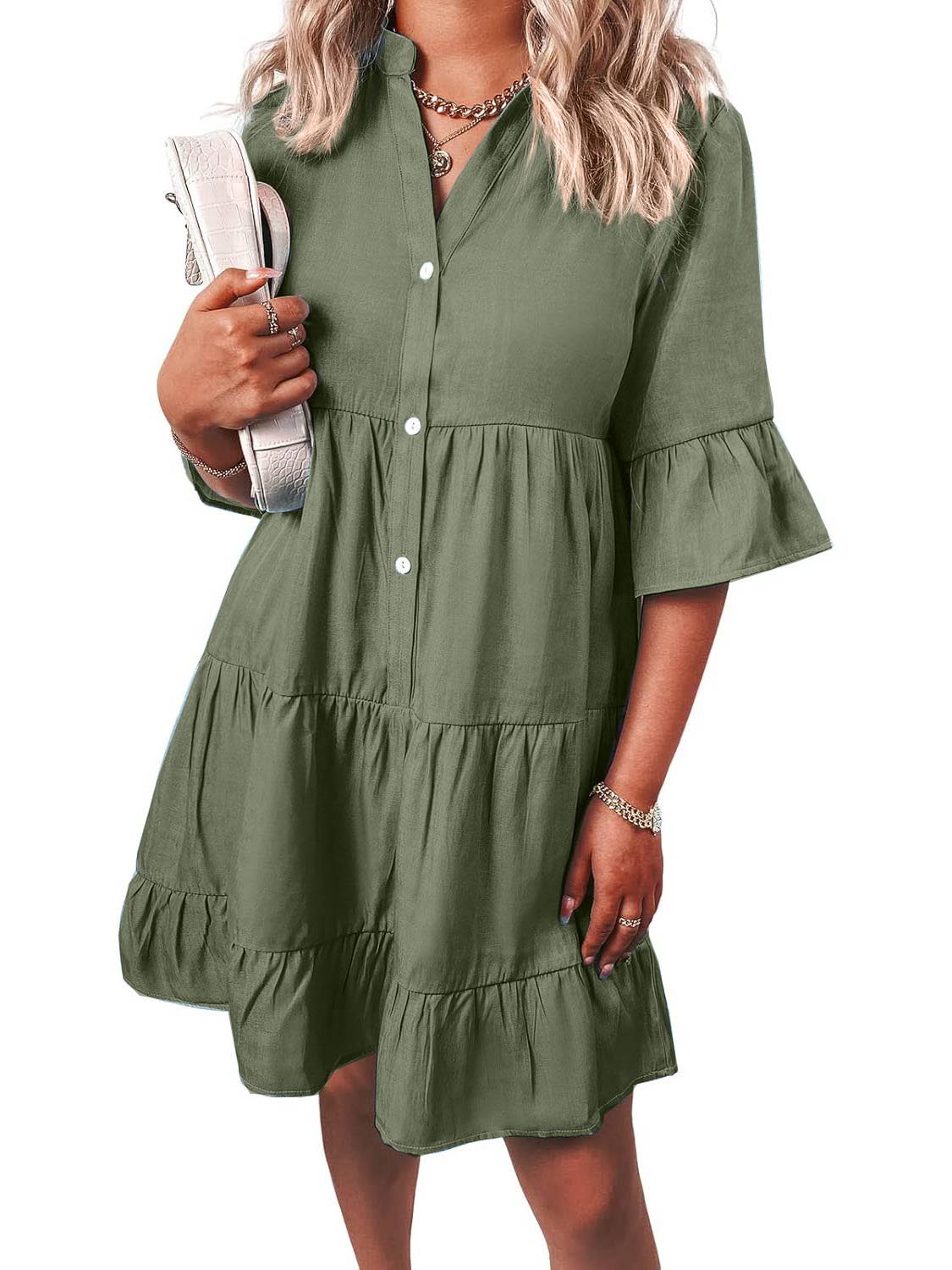 Women's Casual V Neck Ruffle Short Sleeve Summer Dress