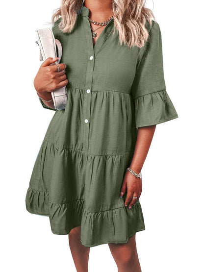 Women's Casual V Neck Ruffle Short Sleeve Summer Dress