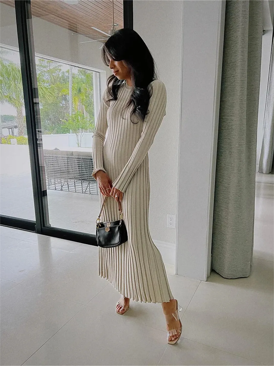Fall New Sleeved Knit Midi Dress