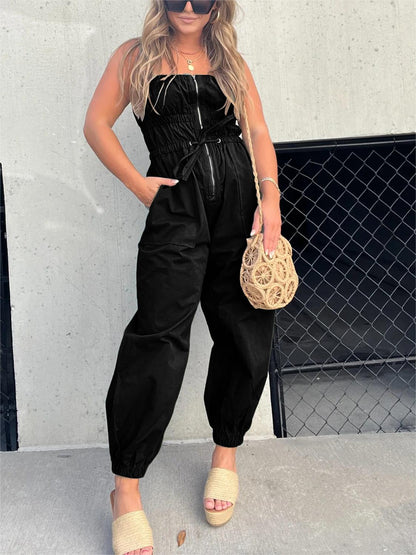 Ruched Elastic Front Zipper Cargo Jumpsuit