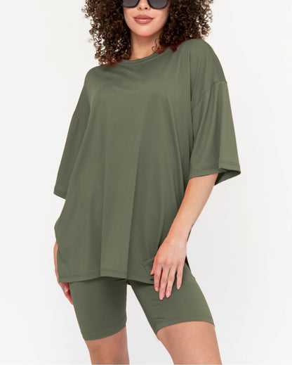 Women's Oversized Solid Biker Short Set