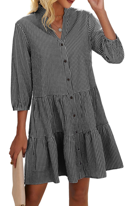 Women's Button Down 3/4 Sleeve Gingham Shirt Dress