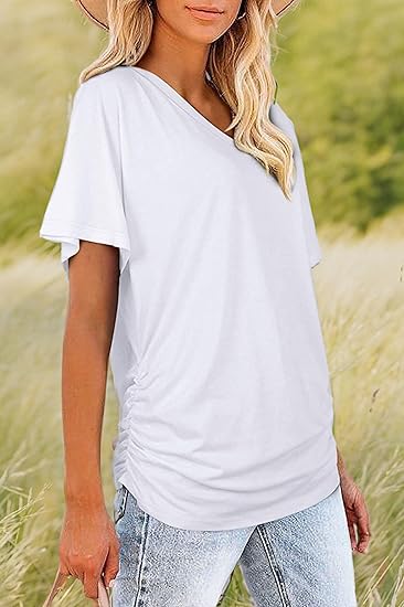 Women's Loose Fit Short Sleeve V Neck Shirts with Side Shirring