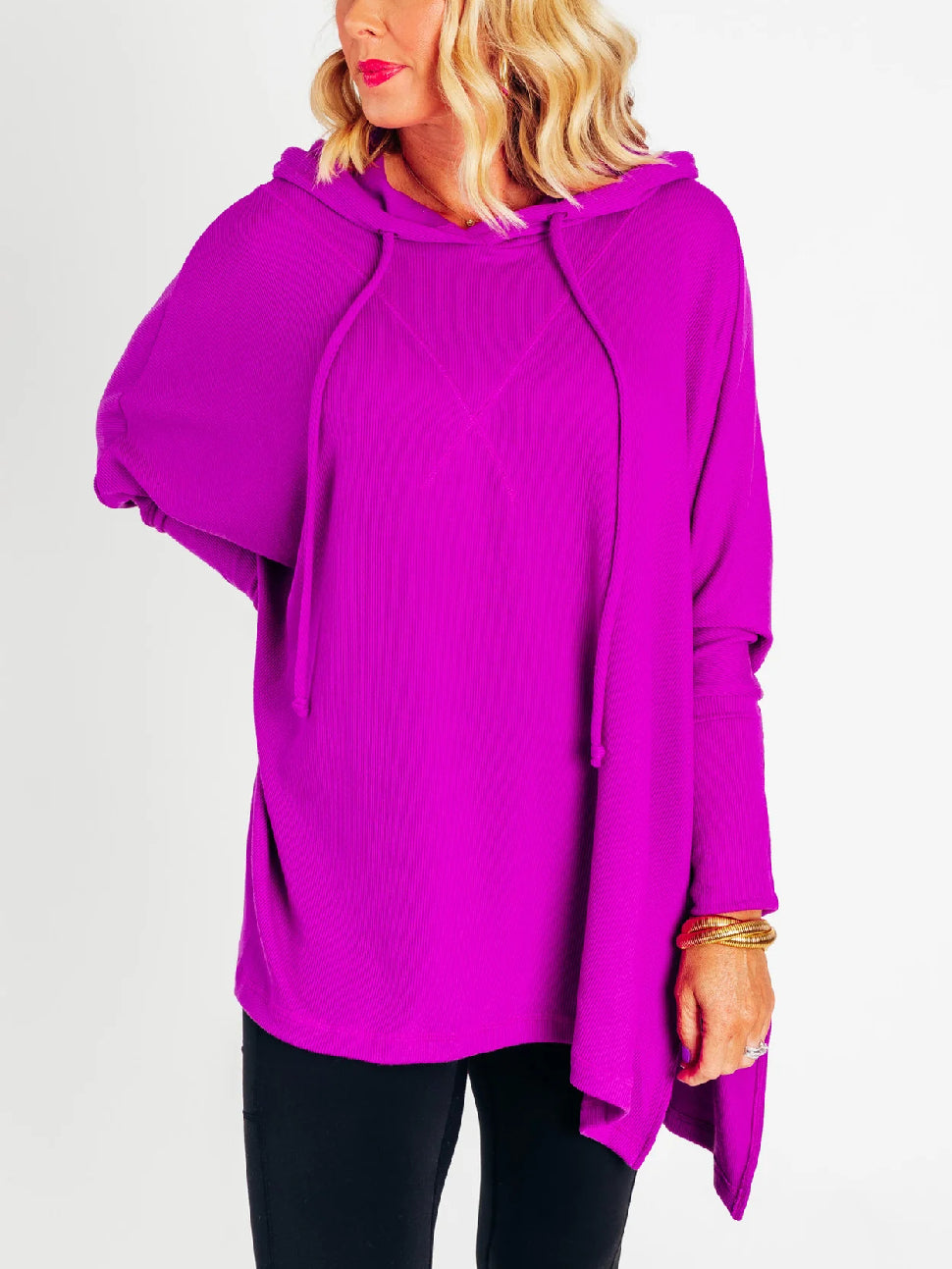 Women's Oversized Bat Sleeve Ribbed Hooded Pullover