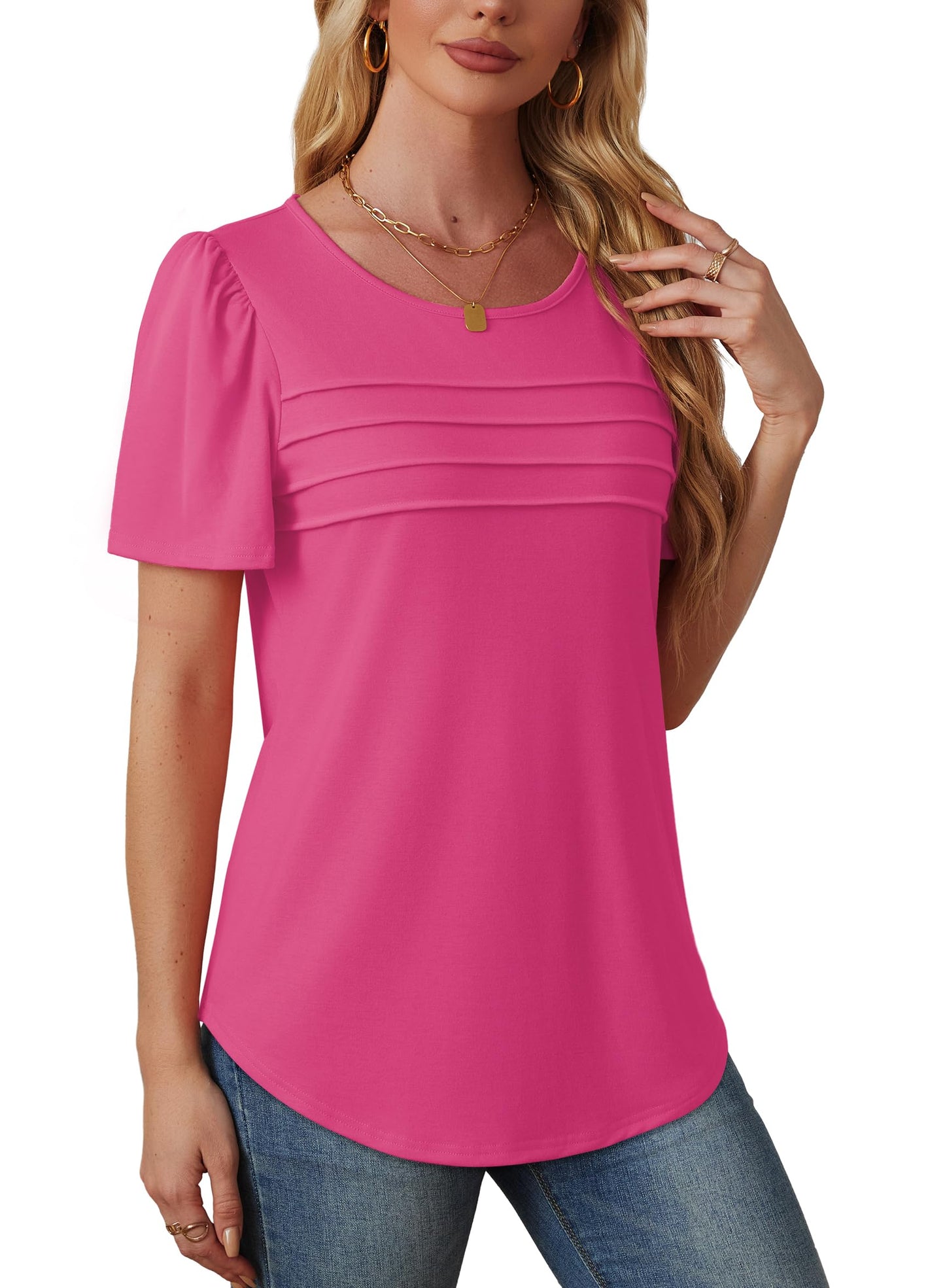 Women's Short Sleeve Pleated Front Scooped Neck T-shirts