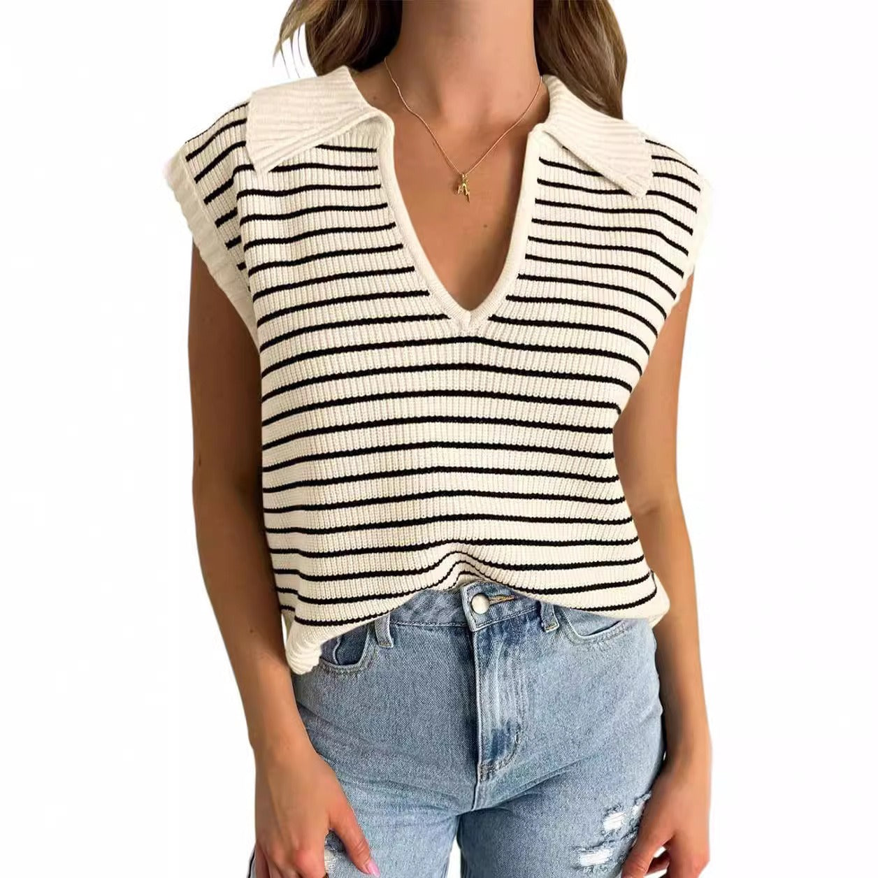 Women's V-Neck Sleeveless Striped Top