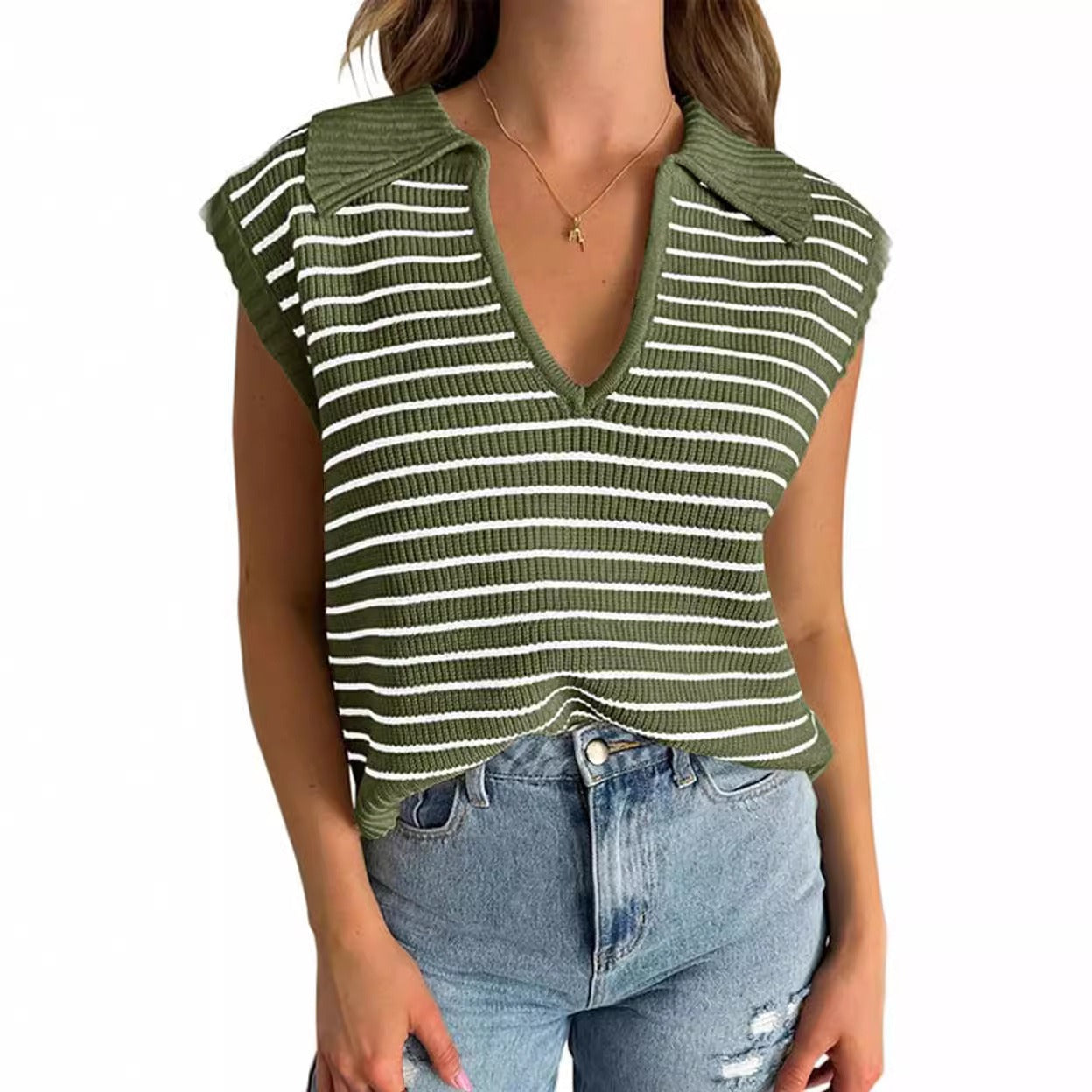 Women's V-Neck Sleeveless Striped Top